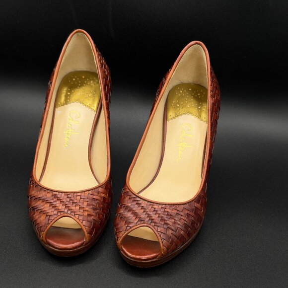 Cole Haan Genevieve Woven Leather Peep-Toe Pumps, Cognac Brown, Nike Air, US 5B - Picture 9 of 11